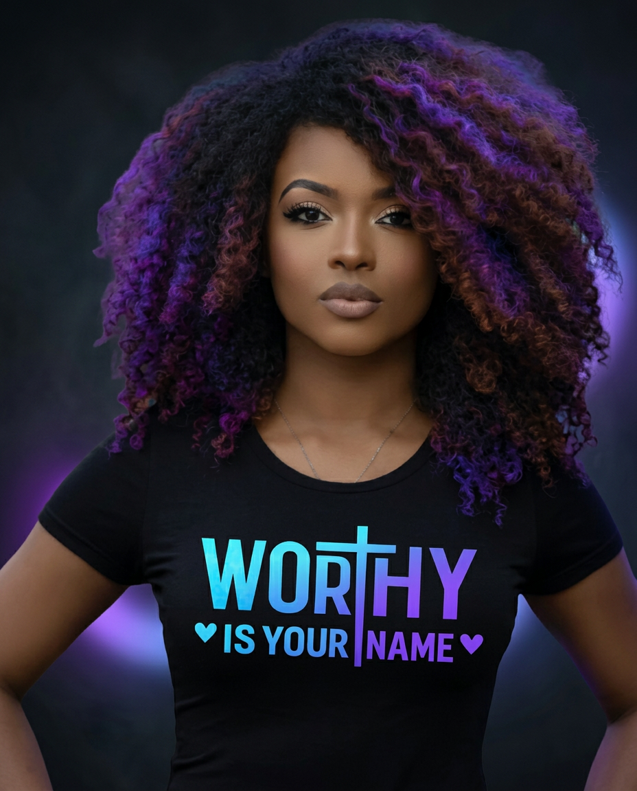 Model wearing a custom black tee with neon lighting